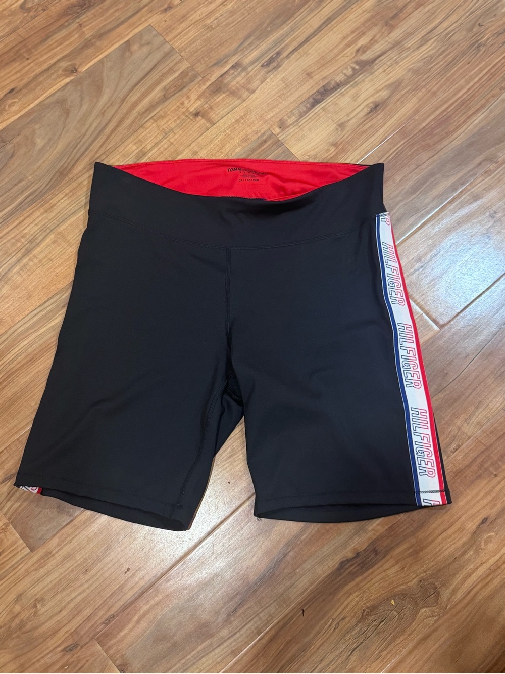 Tommy Hilfiger Black Athletic Shorts with Red Lining and Logo Side Tape